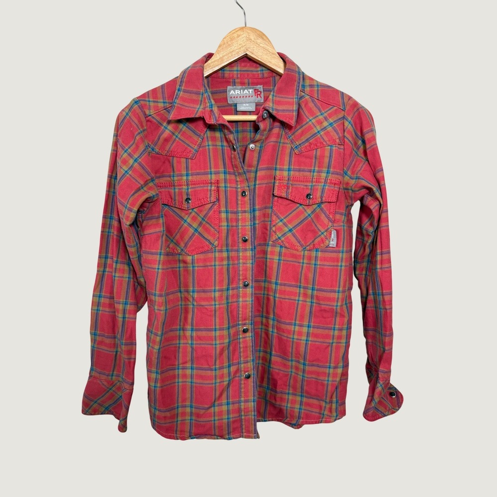 Ariat FR Womens Red Plaid Western Snap Flame Resistant Work Shirt Medium CAT 2
